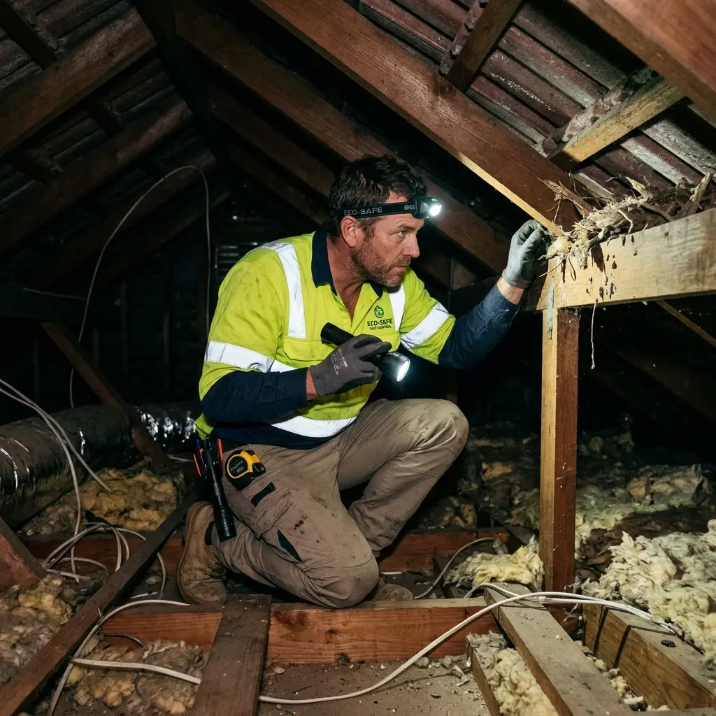 Technician inspecting a roof cavity for a dead animal in Curlewis