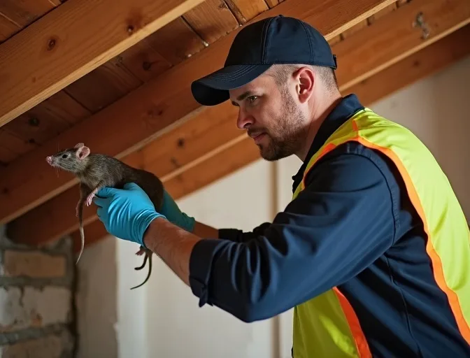Technician inspecting a roof cavity for a dead rat in Curlewis